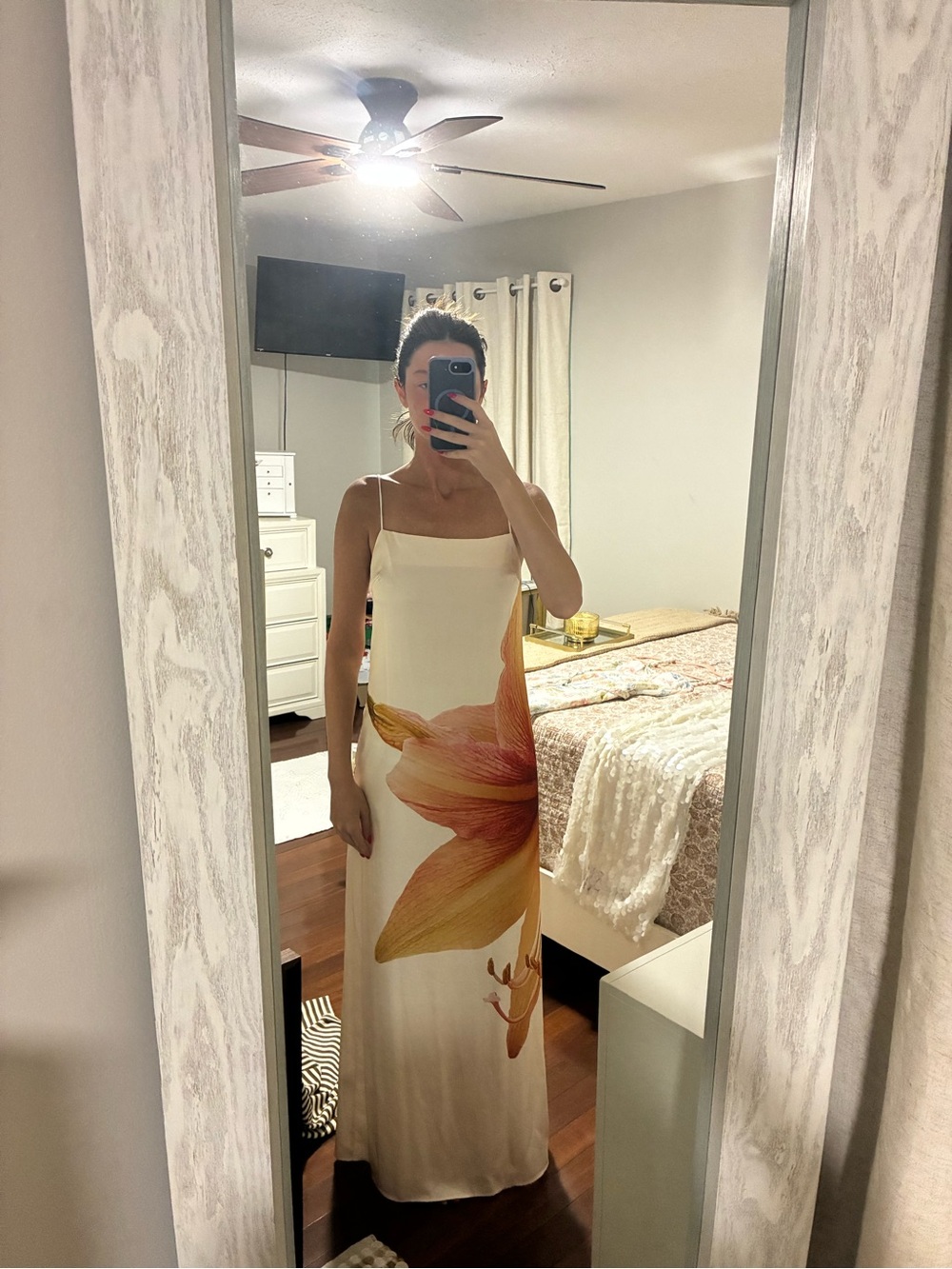 Sleeveless Cream Maxi Dress with Orange Floral Print